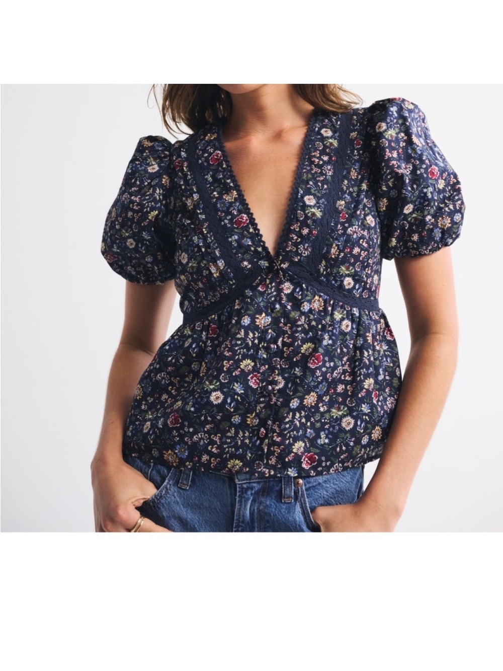 Abercrombie and Fitch Puff-Sleeve Button through V-Neck Top